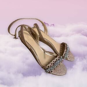 Jewel by Badgley Mischka Formal Rose Gold Glitter Rhinestone Wedge Sandal 10